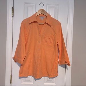 Linen with Love | 3/4 Sleeve Button Front Collared Linen Blouse in Cantaloupe